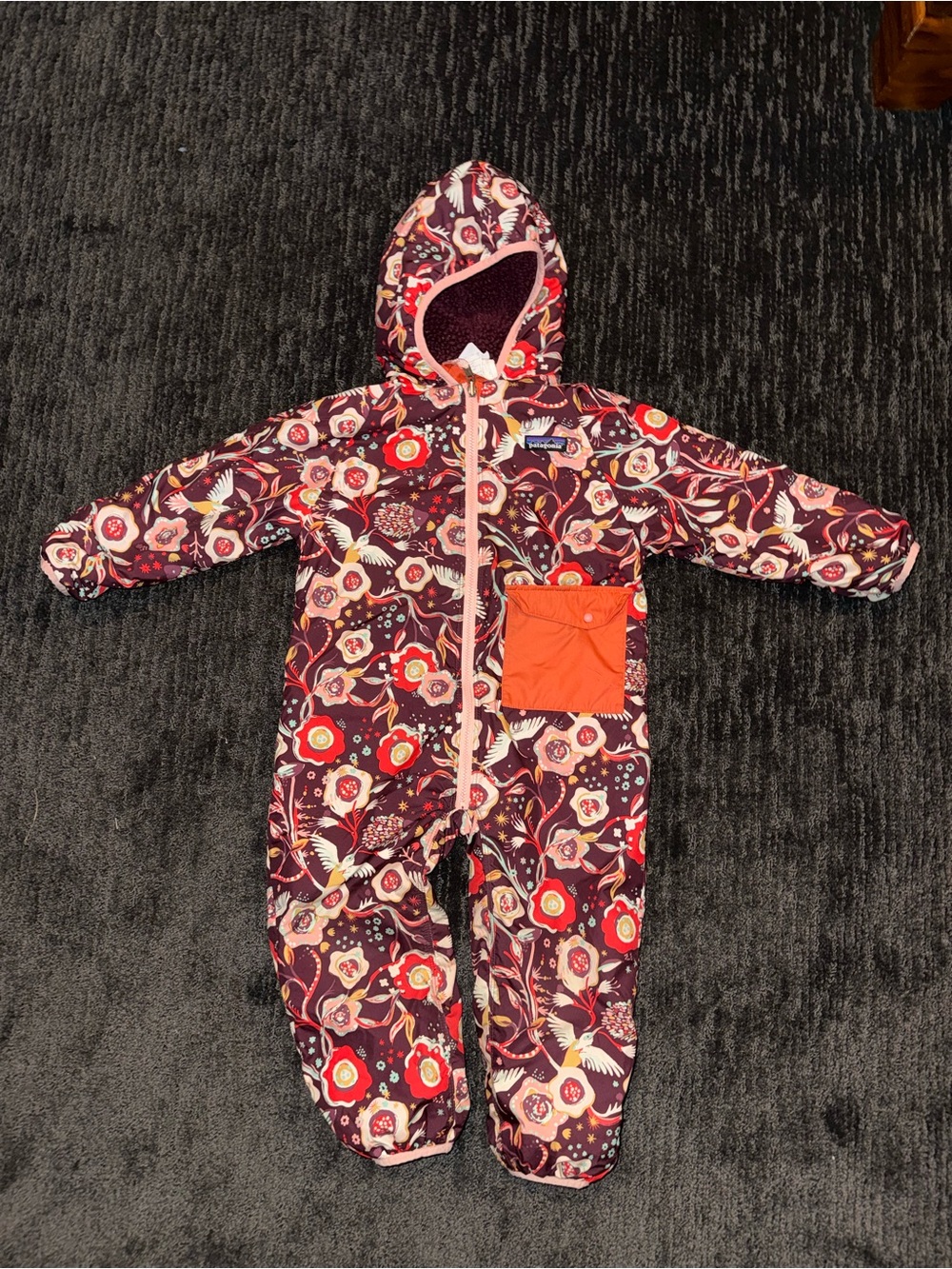 Patagonia Floral Hooded One-Piece Snowsuit in Burgundy and Red Accents